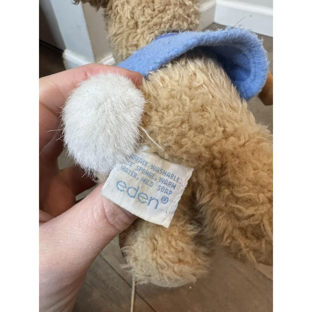 Vintage Eden Peter Rabbit Plush Pull‎ Toy Bunny Wooden Wheels Small Blue Coat